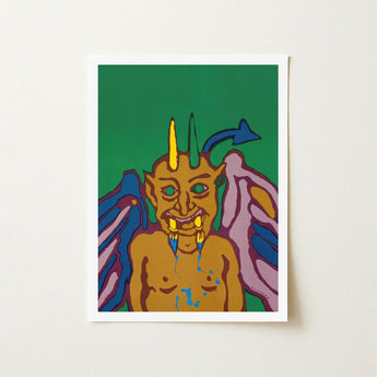 Rainbow Devil - Lanny Sommese Art Print / Canvas Vibrant Stylized Illustration Horned Demon Green Eyes Blue Builds, Trickster Grins Prints