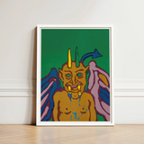 Rainbow Devil - Lanny Sommese Art Print / Canvas Vibrant Stylized Artwork White Frame Depicts Golden Demon Builds, Horned Trickster Grins