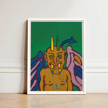Rainbow Devil - Lanny Sommese Art Print / Canvas Vibrant Stylized Artwork White Frame Depicts Golden Demon Builds, Horned Trickster Grins