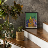 Rainbow Devil - Lanny Sommese Art Print / Canvas Vibrant Pop-art Painting Stylized Demon Yellow Horns Green Builds, Horned Trickster Grins