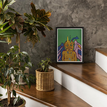 Rainbow Devil - Lanny Sommese Art Print / Canvas Vibrant Pop-art Painting Stylized Demon Yellow Horns Green Builds, Horned Trickster Grins