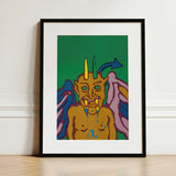 Rainbow Devil - Lanny Sommese Art Print / Canvas Vibrant Stylized Illustration Horned Demon Green Eyes Blue Builds, Trickster Grins Prints