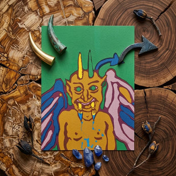 Rainbow Devil - Lanny Sommese Art Print / Canvas Vibrant Stylized Illustration Horned Figure Colorful Wings Blue Builds, Trickster Grins