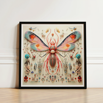 Vibrant Intricately Detailed Framed Artwork Central Mechanical Insect Rainbow Rover, Alien Species Taxonomy, Xenobiological Artistry