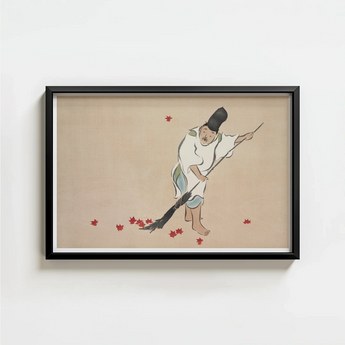 Framed Traditional Japanese Ink Wash Painting Barefoot Figure Kamisaka Sekka’s Raking, Print, Sekka Art