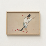 Minimalist Wooden-framed Artwork Traditional Japanese Figure Red Maple Kamisaka Sekka’s Raking, Print, Sekka Art