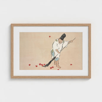 Raking - Kamisaka Sekka Meiji Woodblock Art Print / Canvas Framed Artwork Traditional Japanese Figure Red Maple Leaves Sekka’s, Prints
