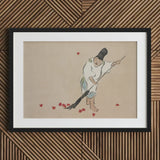 Raking - Kamisaka Sekka Meiji Woodblock Art Print / Canvas Black-framed Artwork Traditional Japanese Illustration Figure White Robes