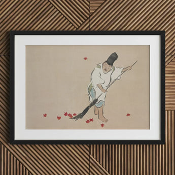 Raking - Kamisaka Sekka Meiji Woodblock Art Print / Canvas Black-framed Artwork Traditional Japanese Illustration Figure White Robes