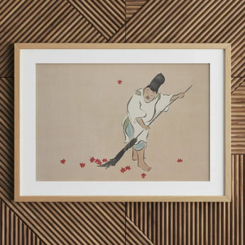 Raking - Kamisaka Sekka Meiji Woodblock Art Print / Canvas Framed Artwork Traditional Japanese Figure Fallen Red Maple Sekka’s, Prints
