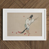 Raking - Kamisaka Sekka Meiji Woodblock Art Print / Canvas White-framed Artwork Traditional Japanese Figure Red Maple Leaves Sekka’s, Prints