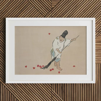 Raking - Kamisaka Sekka Meiji Woodblock Art Print / Canvas White-framed Artwork Traditional Japanese Figure Red Maple Leaves Sekka’s, Prints