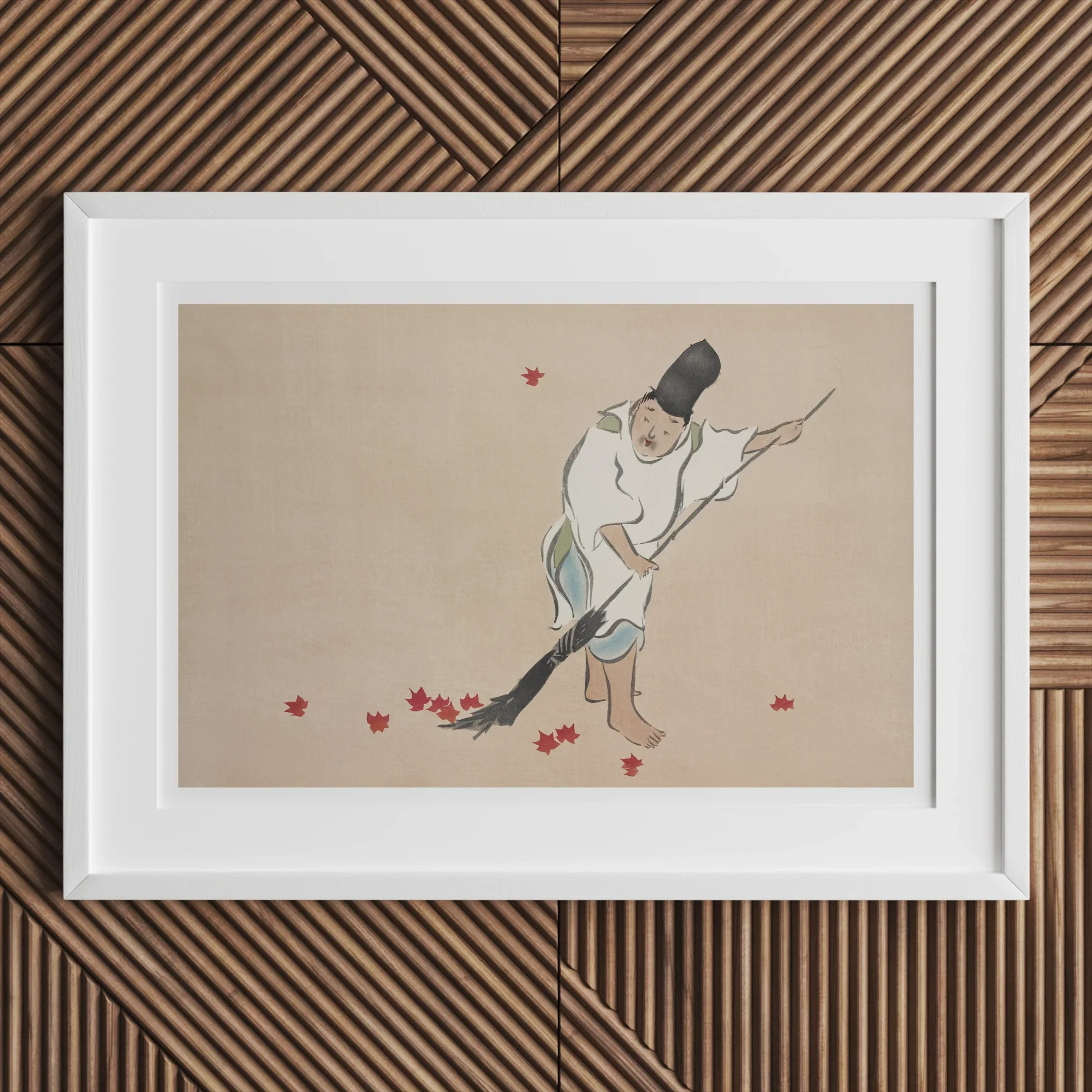 Raking - Kamisaka Sekka Meiji Woodblock Art Print, Framed Artwork Figure Fallen Maple Leaves