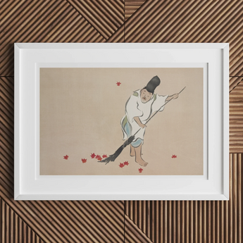 Raking - Kamisaka Sekka Meiji Woodblock Art Print, Framed Artwork Figure Fallen Maple Leaves