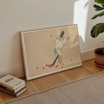 Raking - Kamisaka Sekka Meiji Woodblock Art Print, Framed Artwork Figure Red Hearts Beige Background