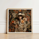 Framed Portrait Man Beige Cowboy Attire Surrounded Layered Gay Arabic, Dandy, Rashid Stands Tall