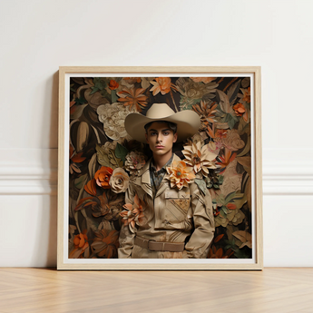 Framed Portrait Man Beige Cowboy Attire Surrounded Layered Gay Arabic, Dandy, Rashid Stands Tall