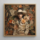 Rashid - Gay Arabic Cowboy Dandy Art Print / Canvas Beige Paper-cut Portrait Framed Light Wood Surrounded, Stands Tall Prints