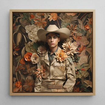 Rashid - Gay Arabic Cowboy Dandy Art Print / Canvas Beige Paper-cut Portrait Framed Light Wood Surrounded, Stands Tall Prints