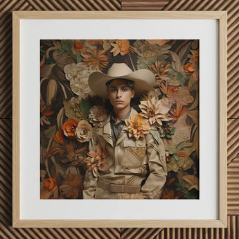 Rashid - Gay Arabic Cowboy Dandy Art Print / Canvas Beige Paper-cutout Portrait Framed Light Wood Frame, Stands Tall Prints