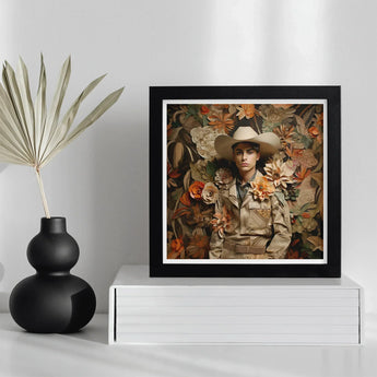 Rashid - Gay Arabic Cowboy Dandy Art Print / Canvas Black Framed Wall Floral Design Person Military, Stands Tall Prints