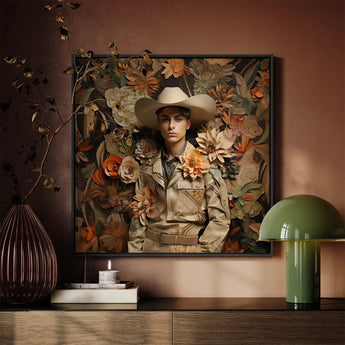 Rashid - Gay Arabic Cowboy Dandy Art Print / Canvas Framed Artwork Man Beige Hat Jacket Surrounded, Stands Tall Prints