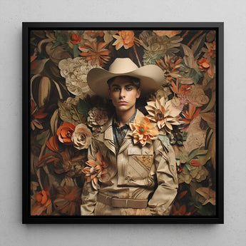 Rashid - Gay Arabic Cowboy Dandy Art Print / Canvas Framed Portrait Man Beige Hat Jacket Surrounded, Stands Tall Prints