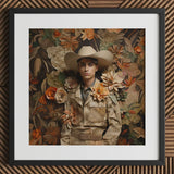 Rashid - Gay Arabic Cowboy Dandy Art Print / Canvas Framed Portrait Person Beige Attire Surrounded Layered, Stands Tall Prints