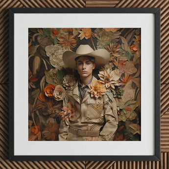 Rashid - Gay Arabic Cowboy Dandy Art Print / Canvas Framed Portrait Person Beige Attire Surrounded Layered, Stands Tall Prints