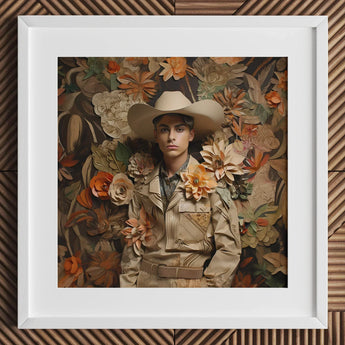 Rashid - Gay Arabic Cowboy Dandy Art Print / Canvas Hat Floral Embellishments Tan Brown Leather Texture, Stands Tall Prints