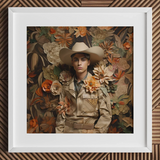 Rashid - Gay Arabic Cowboy Dandy Art Print / Canvas Cowboy Hat Floral Embellishments Tan Brown Leather Texture Gay Arabic Cowboy, Dandy,