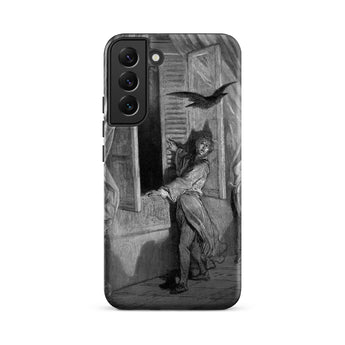 The Raven Edgar Allan Poe - Gustave Dore Phone Case Samsung Galaxy S22 Plus / Matte Black White Illustrated Phone Case Dramatic Scene Man