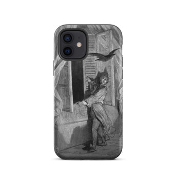 The Raven Edgar Allan Poe - Gustave Dore Phone Case Iphone 12 / Matte Black White Illustration Man Raven Phone Case Gustave Doré’s