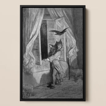 The Raven - Gustave Dore Art Print / Canvas Black-framed Monochrome Artwork Man Period Attire Open Window, Doré’s Engraving Prints