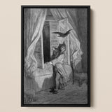 The Raven - Gustave Dore Art Print / Canvas Black-framed Monochrome Artwork Man Period Attire Open Window, Doré’s Engraving Prints