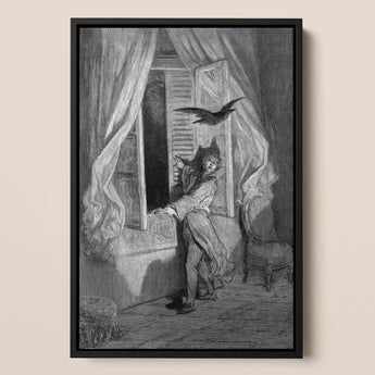 The Raven - Gustave Dore Art Print / Canvas Black-framed Monochrome Artwork Man Period Attire Open Window, Doré’s Engraving Prints