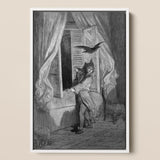 The Raven - Gustave Dore Art Print / Canvas Black-and-white Framed Illustration Man Period Attire Open Window, Doré’s Engraving Prints