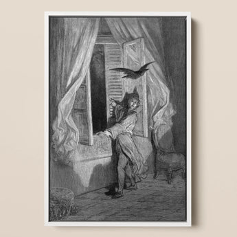 The Raven - Gustave Dore Art Print / Canvas Black-and-white Framed Illustration Man Period Attire Open Window, Doré’s Engraving Prints
