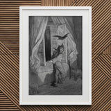 The Raven - Gustave Dore Art Print / Canvas Black White Framed Illustration Person Startled Bird Window, Doré’s Engraving Prints