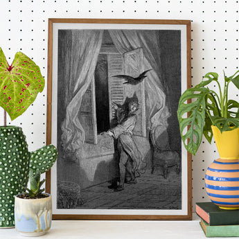 The Raven - Gustave Dore Art Print / Canvas Black-and-white Illustrated Man Period Attire Open Window, Doré’s Engraving Prints