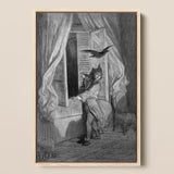 The Raven - Gustave Dore Art Print / Canvas Framed Black-and-white Illustration Man Period Attire Open Window, Doré’s Engraving Prints