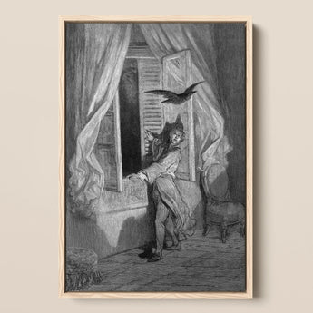 The Raven - Gustave Dore Art Print / Canvas Framed Black-and-white Illustration Man Period Attire Open Window, Doré’s Engraving Prints