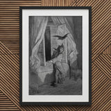 The Raven - Gustave Dore Art Print / Canvas Framed Black White Man Bird Room, Doré’s Engraving Prints