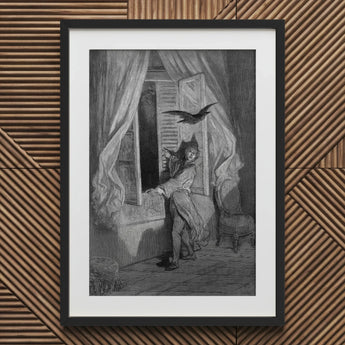 The Raven - Gustave Dore Art Print / Canvas Framed Black White Man Bird Room, Doré’s Engraving Prints