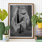 The Raven - Gustave Dore Art Print, Framed Black White Illustration Man Startled Bird Window