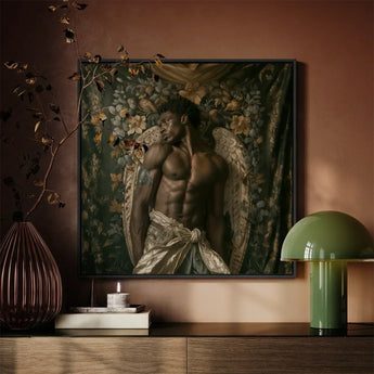 Raziel - Gay Black Angel Art Print / Canvas Framed Artwork Muscular Man Angelic Wings Rendered, Emerges Prints