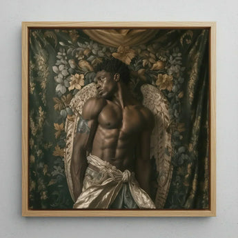 Raziel - Gay Black Angel Art Print / Canvas Framed Painting Muscular Man Angelic Wings Draped, Emerges Prints