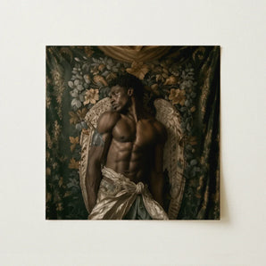 Raziel - Gay Black Angel Art Print / Canvas Square-framed Artwork Muscular Man Wings Draped Metallic, Emerges Prints