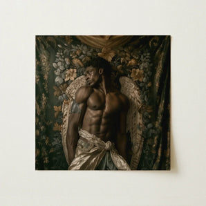 Raziel - Gay Black Angel Art Print / Canvas Square-framed Artwork Muscular Man Wings Draped Metallic, Emerges Prints
