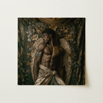 Raziel - Gay Black Angel Art Print / Canvas Square-framed Artwork Muscular Man Wings Draped Metallic, Emerges Prints